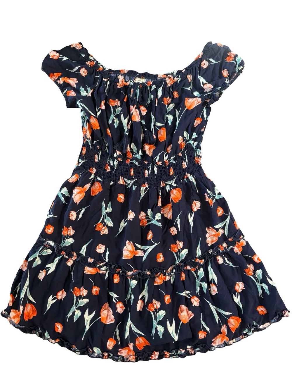 Navy Floral Off-Shoulder Casual Dress with Orange Tulips Size XL
